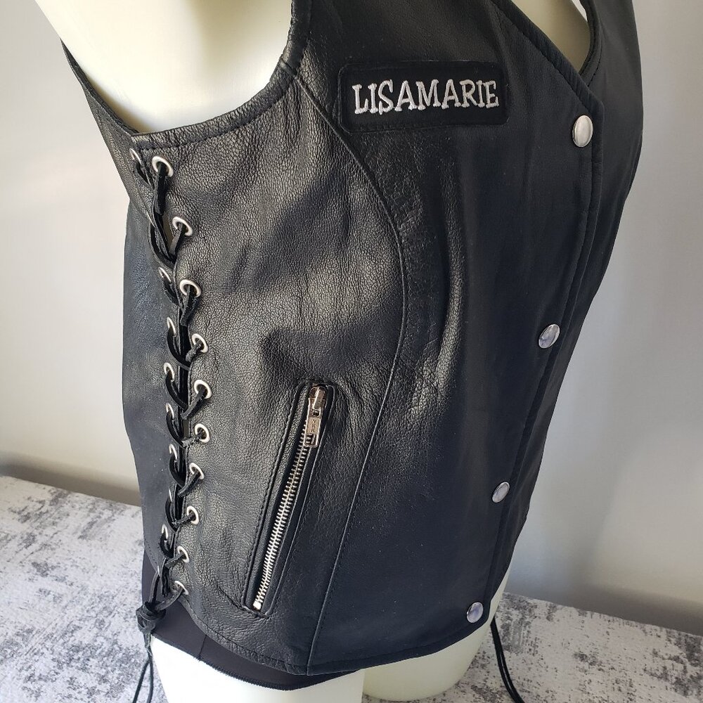 Black Leather Lisa Marie Open Road Lace Up Motorcycle Vest w Chrome Snaps